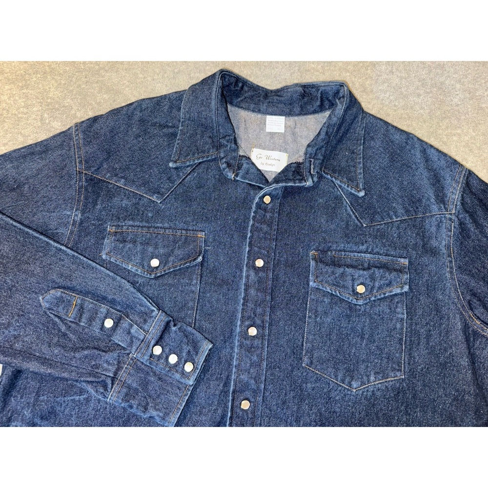 VTG 1970s Heavy Denim Western Pearl Snap Raw Denim Shirt Handmade Gripper SZ 2XL